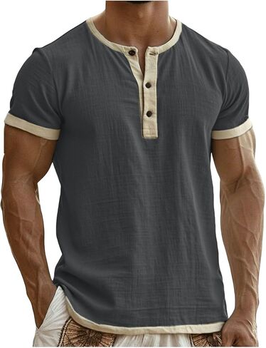 Linen T-Shirt for Men Casual Solid Color Sleeveless Tank Tops Summer Button Up V Neck Sport Shirts Lightweight Blouse in Kuwait