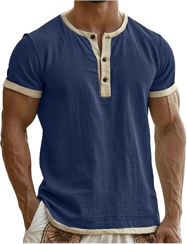 Linen T-Shirt for Men Casual Solid Color Sleeveless Tank Tops Summer Button Up V Neck Sport Shirts Lightweight Blouse in Kuwait