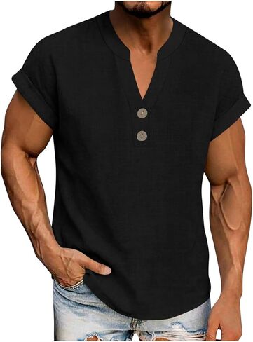 Henley Shirt for Man Short Sleeve V-Neck Tees Button Up Casual Vacation Fashion Basic Beach T-Shirts in Kuwait