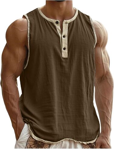 Linen T-Shirt for Men Casual Solid Color Sleeveless Tank Tops Summer Button Up V Neck Sport Shirts Lightweight Blouse in Kuwait