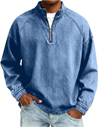Mens Quarter Zip Pullover Vintage Distressed Stand Collar Polo Denim Sweatshirts Loose Casual Mock Neck Golf Shirts in Kuwait