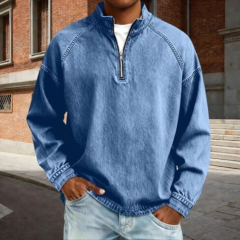 Mens Quarter Zip Pullover Vintage Distressed Stand Collar Polo Denim Sweatshirts Loose Casual Mock Neck Golf Shirts in Kuwait