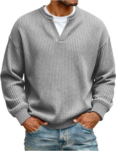Men Waffle Sweatshirt Casual Long Sleeve Polo Shirts Loose Lightweight Pullover Tops 2026 Fashion Clothes in Kuwait