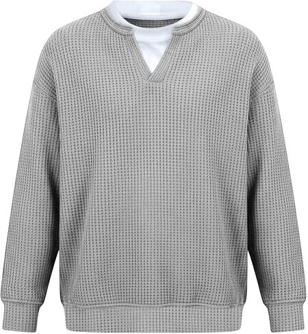 Men Waffle Sweatshirt Casual Long Sleeve Polo Shirts Loose Lightweight Pullover Tops 2026 Fashion Clothes in Kuwait