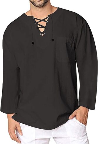 HJINGSUN قميص كتان رجالي للشاطئ برباط على شكل حرف V قمصان خفيفة الوزن قابلة للتنفس وأكمام طويلة ملابس صيفية عتيقة ملابس الهبي in Kuwait