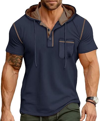 Mens Hoodies Short Sleeve Tee Shirt Trendy Button Up Loose Blouses Summer Casual Streetwear Tshirts with Pocket in Kuwait