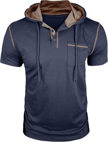 Mens Hoodies Short Sleeve Tee Shirt Trendy Button Up Loose Blouses Summer Casual Streetwear Tshirts with Pocket in Kuwait