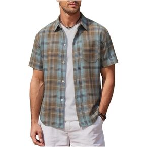 Men's Hawaiian Plaid Button Down Tee Shirt Short Sleeve Loose Tshirts Comfy Fashion Beachwear Blouses with Pocket in Kuwait