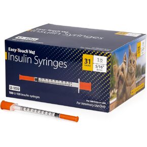 Easy Touch U-100 Pet Insulin Syringes for Dogs & Cats – 31G 1cc 5/16" Needle, Half-Unit Markings for Precise Dosing, Compatible with U-100 Insulin, Box of 100 in Kuwait
