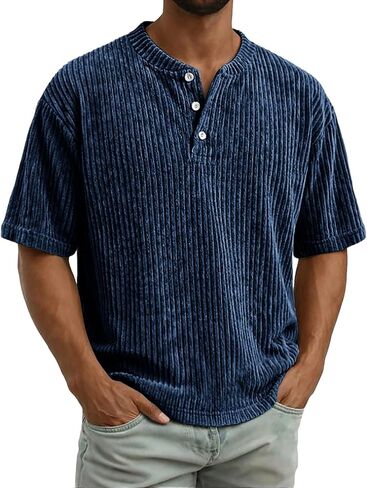 Mens Henley Shirts Long Sleeve Textured Casual Classic Button V Neck T-Shirt Ribbed Lightweight Pullover Tees Tops in Kuwait