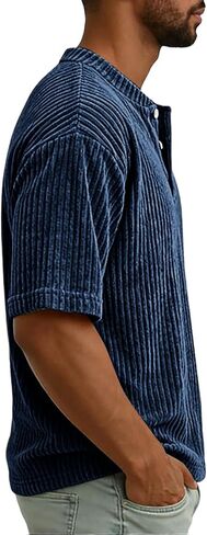 Mens Henley Shirts Long Sleeve Textured Casual Classic Button V Neck T-Shirt Ribbed Lightweight Pullover Tees Tops in Kuwait