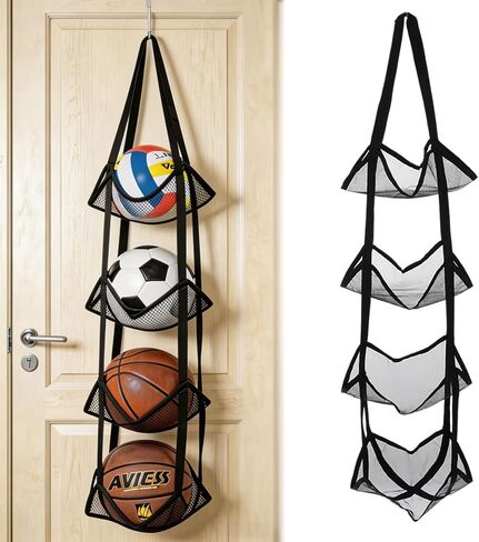 2Pcs Mesh Ball Storage Organizer, 4-Tier Basketball Holder for Garage Door or Wall-Mounted Vertical Ball Holder Sports Ball Storage for All Sports Balls, Yoga Mat, Towels and Snacks, Black in Kuwait