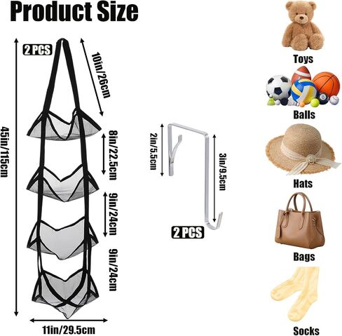 2Pcs Mesh Ball Storage Organizer, 4-Tier Basketball Holder for Garage Door or Wall-Mounted Vertical Ball Holder Sports Ball Storage for All Sports Balls, Yoga Mat, Towels and Snacks, Black in Kuwait