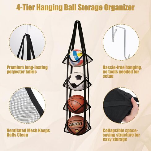 2Pcs Mesh Ball Storage Organizer, 4-Tier Basketball Holder for Garage Door or Wall-Mounted Vertical Ball Holder Sports Ball Storage for All Sports Balls, Yoga Mat, Towels and Snacks, Black in Kuwait