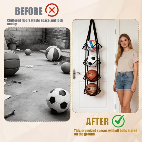 2Pcs Mesh Ball Storage Organizer, 4-Tier Basketball Holder for Garage Door or Wall-Mounted Vertical Ball Holder Sports Ball Storage for All Sports Balls, Yoga Mat, Towels and Snacks, Black in Kuwait
