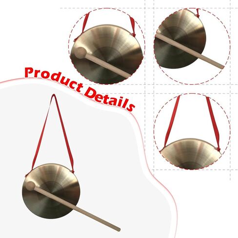 Brass Gong Chinese Traditional Percussion Instrument with Wooden Mallet Red Ribbon Hand Gong for Kids Party Game Office- 30cm in Kuwait