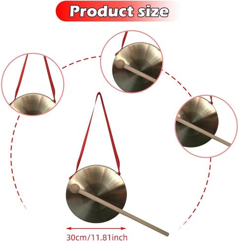 Brass Gong Chinese Traditional Percussion Instrument with Wooden Mallet Red Ribbon Hand Gong for Kids Party Game Office- 30cm in Kuwait