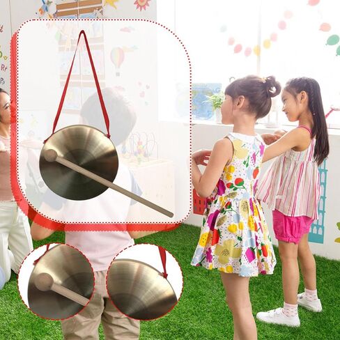 Brass Gong Chinese Traditional Percussion Instrument with Wooden Mallet Red Ribbon Hand Gong for Kids Party Game Office- 30cm in Kuwait