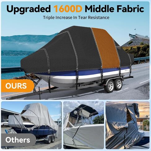 غطاء قارب علوي صلب من 5 طبقات 1600D+1200D مع غطاء محرك، حلقات 2 بوصة للقطر والرسو - غطاء متين مقاوم للماء للغاية ومضاد للأشعة فوق البنفسجية لقوارب وحدة التحكم المركزية مقاس 21'-23' مع سقف T-Top in Kuwait