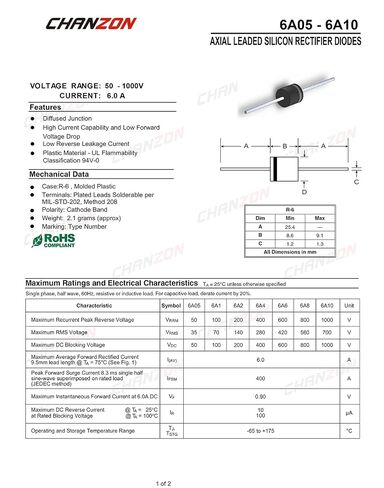 (Pack of 20 Pieces) Chanzon 6A10 Rectifier Diode 6A 1000V R-6 Axial 6 Amp 1000 Volt Electronic Silicon Diodes in Kuwait