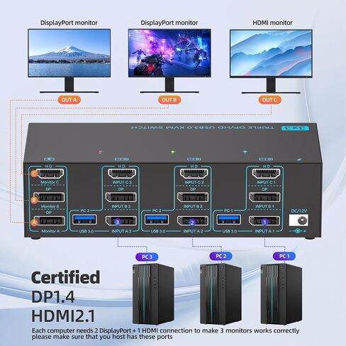 HDMI KVM Switch Dual Monitor 3 Computers دعم 4K@60Hz USB 3.0 KVM مشاركة الشاشات المزدوجة و 4 منافذ USB 3.0 دعم تمديد/نسخ مع محول DC 12V و WIRED in Kuwait