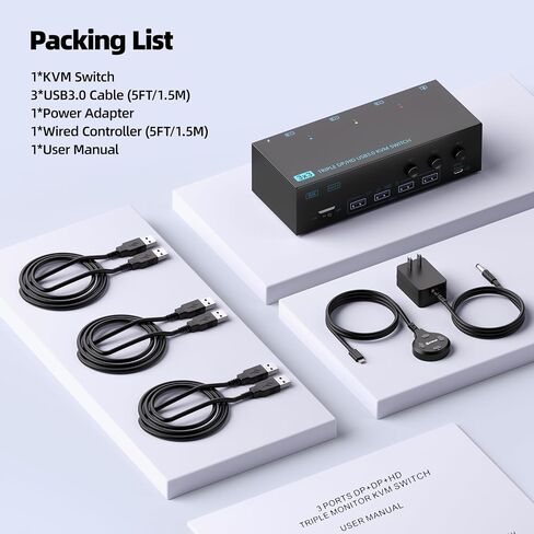 HDMI KVM Switch Dual Monitor 3 Computers دعم 4K@60Hz USB 3.0 KVM مشاركة الشاشات المزدوجة و 4 منافذ USB 3.0 دعم تمديد/نسخ مع محول DC 12V و WIRED in Kuwait