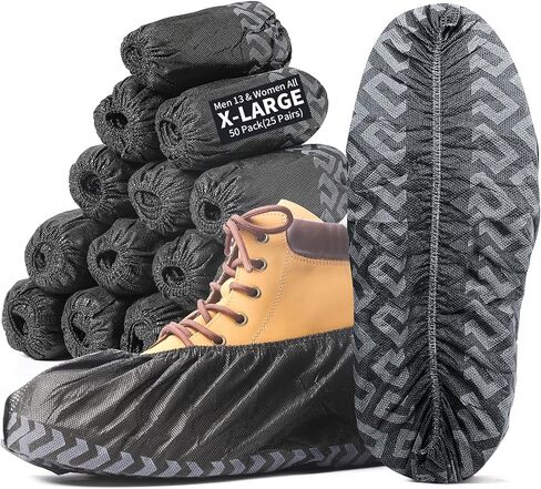 X-Large 50 Pack Shoe Covers Disposable Non-Slip, Black Non-Woven Fabric Boot Covers, Stretchable Fits Up to Size 13 US Men (Black, 50 Pack) in Saudi Arabia