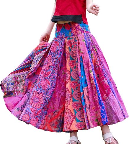 Bohemian High Waisted Elastic A-Line Skirt Loose Patchwork Long Skirt Summer Beach Skirt Versatile and Casual in Saudi Arabia