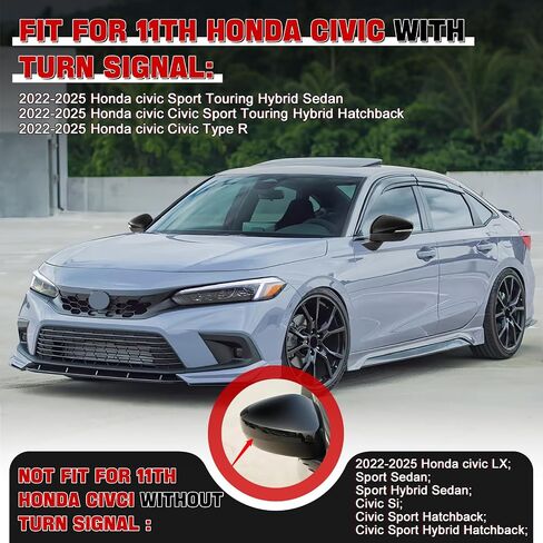 زوج واحد من أغطية المرايا الجانبية اليسرى واليمنى متوافقة مع الجيل الحادي عشر من Honda Civic 2022-2025 Touring Sedan، Sport Touring Hatchback، النوع R مع نموذج إشارة الانعطاف in Kuwait
