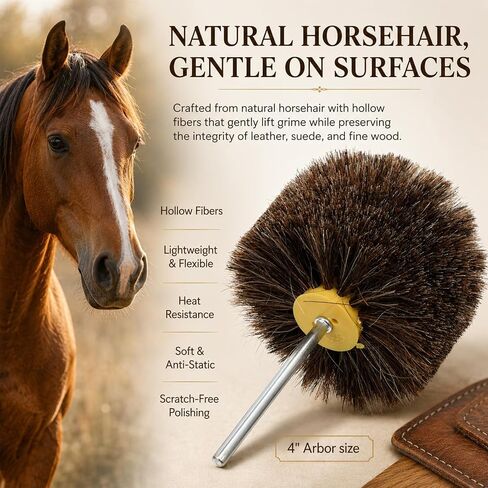 4" Horsehair Polishing Wheel for Drill Drill Brush for Car Detailing Shoe & Leather Buffer Attachment Leather Burnishing Tool Soft Bristle Brush for Boots Car Interior Cars Wheel Wood Care Furniture in Kuwait