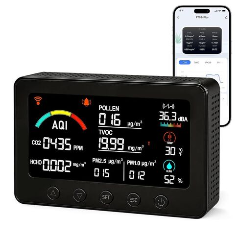 AIRNERGY 12-in-1 Air Quality Monitor Indoor for Baby Nursery | Air quality tester for home. co2 monitor with decibel meter, TVOC, HCHO, PM1/2.5, Pollen, AQI, Temp, Humid. Free app & RS485 in Kuwait