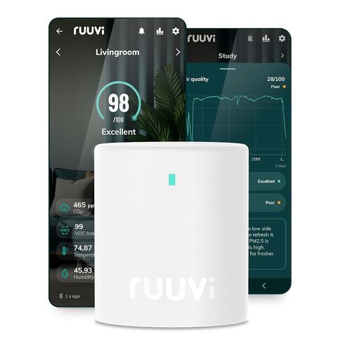 RuuviAir: Wireless Indoor Air Quality Monitor for Home and Office (PM, CO₂, NOx index, VOC index, temperature, air humidity, air pressure and combined Ruuvi Indoor Air Quality Score). No subscription. in Kuwait