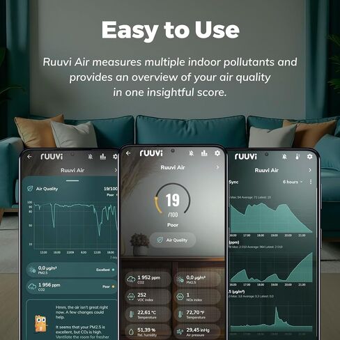 RuuviAir: Wireless Indoor Air Quality Monitor for Home and Office (PM, CO₂, NOx index, VOC index, temperature, air humidity, air pressure and combined Ruuvi Indoor Air Quality Score). No subscription. in Kuwait