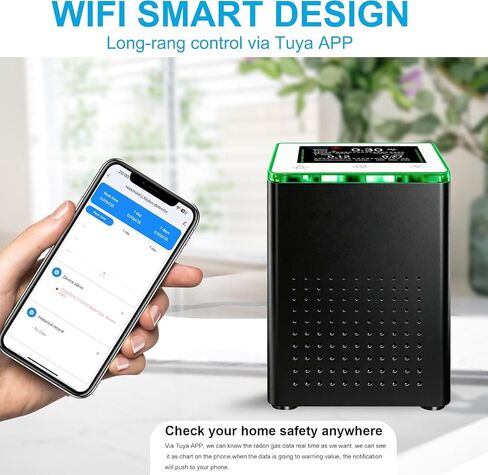 Smart Radon Detector for Home [Sensor Type:Pulsed ion Chamber] WiFi Phone App Control & Notifications Visible HD Screen & Indicator Audible Radon Alarm, Real-time Short&Long-Term Detecting in Kuwait