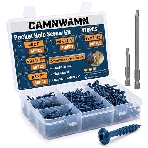 720 PCS Pocket Hole Screws Assortment Kit, 5 Sizes #8 x 1, 1-1/4", 1-1/2", 2", 2-1/2", Blue & Zinc Coated Square Drive Self-Tapping Coarse Thread Wood Screws Set with Drive Bit in Kuwait