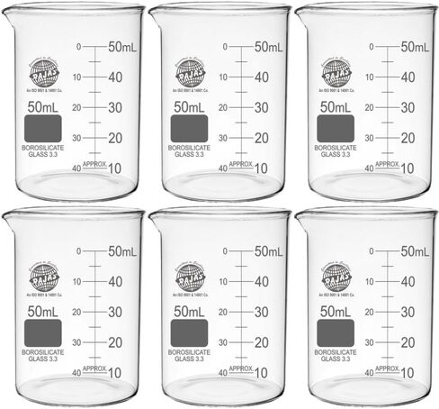 RAJAS Glass Beaker – Boro 3.3 Borosilicate Measuring Beaker with Graduated Markings – Heat & Chemical Resistant – Ideal for Laboratory, Kitchen, and Educational Use (Pack of 6) (50ml) in Kuwait