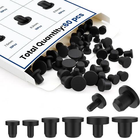 60 Pcs Silicone Hole Plug, 6 Sizes Black Solid Round Waterproof Stoppers, High Temp Flexible T-Shaped End Covers for 4-9.5mm Holes in Bottles, Pipes, Flower Pots & More in Kuwait