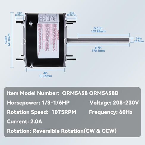 محرك مروحة مكثف ORM5458 1/3-1/6 HP 208-230V 1075 دورة في الدقيقة 48Y إطار - محرك تيار متردد ذو دوران عكسي متوافق مع A.O.Smith F48U23A01، ORM5458B، يناسب وحدة التيار المتردد HVAC (يتضمن مكثف) in Kuwait