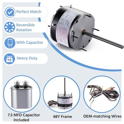محرك مروحة مكثف ORM5458 1/3-1/6 HP 208-230V 1075 دورة في الدقيقة 48Y إطار - محرك تيار متردد ذو دوران عكسي متوافق مع A.O.Smith F48U23A01، ORM5458B، يناسب وحدة التيار المتردد HVAC (يتضمن مكثف) in Kuwait