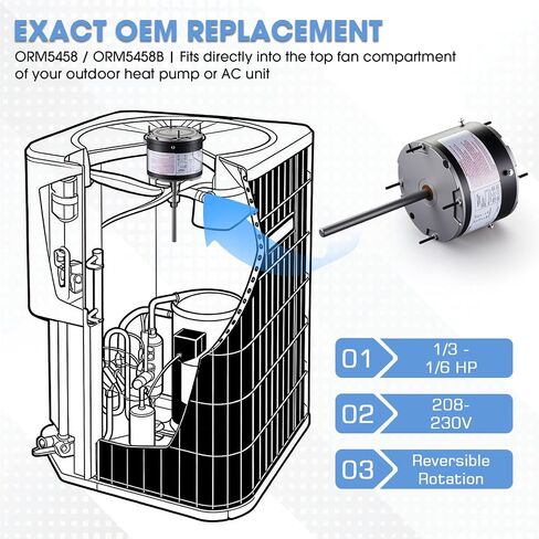 محرك مروحة مكثف ORM5458 1/3-1/6 HP 208-230V 1075 دورة في الدقيقة 48Y إطار - محرك تيار متردد ذو دوران عكسي متوافق مع A.O.Smith F48U23A01، ORM5458B، يناسب وحدة التيار المتردد HVAC (يتضمن مكثف) in Kuwait