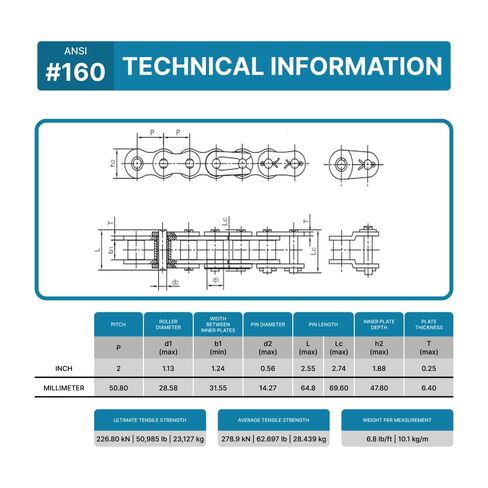 PGN #160 Roller Chain - 10 Feet + 2 Free Connecting Links - Carbon Steel Chain in Kuwait