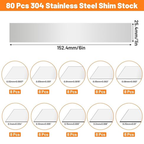 80 pcs Steel Shims, Shim Stock Assortment 1"x6", Metal Shims for Leveling, Thin Metal Strips 10 Thicknesses (0.0007"-0.01") for Precision Alignment in Kuwait