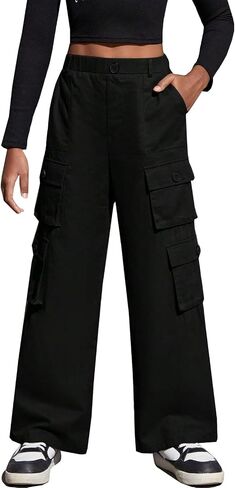 الفتيات السراويل البضائع فضفاضة عارضة ركض السراويل Sweatpants زر الجبهة السراويل الفضفاضة مع جيوب متعددة ل 8-12Y in Kuwait