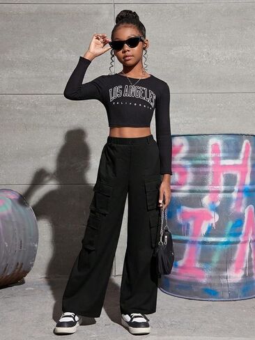 الفتيات السراويل البضائع فضفاضة عارضة ركض السراويل Sweatpants زر الجبهة السراويل الفضفاضة مع جيوب متعددة ل 8-12Y in Kuwait
