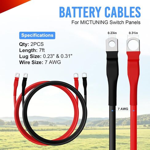MICTUNING 2 قطعة 7 AWG كابلات البطارية 7 أقدام شديدة التحمل للبطارية البحرية مجموعة أسلاك نحاسية عاكسة، مع 0.23 بوصة و0.31 بوصة العروات النحاسية المعلبة، لضبط لوحات التبديل in Kuwait