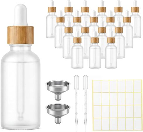 18 Pack 2 oz Frosted Glass Dropper Bottle Dropper Bottles with Funnels, Pipettes & Labels, Natural Bamboo Cap for Essential Oils, Colognes & Perfume, DIY Liquids, Skincare & Sample Storage in Kuwait