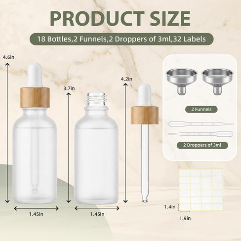 18 Pack 2 oz Frosted Glass Dropper Bottle Dropper Bottles with Funnels, Pipettes & Labels, Natural Bamboo Cap for Essential Oils, Colognes & Perfume, DIY Liquids, Skincare & Sample Storage in Kuwait