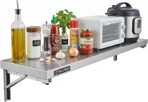 Wilprep Stainless Steel Shelf, 12"x 48" Folding Shelf Commercial Shelf for Kitchen Wall, 220lb Metal Foldable Storage Shelf with & Support Brackets for Restaurant Kitchen Laundry Room Garage in Kuwait