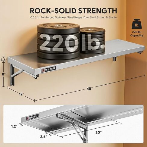 Wilprep Stainless Steel Shelf, 12"x 48" Folding Shelf Commercial Shelf for Kitchen Wall, 220lb Metal Foldable Storage Shelf with & Support Brackets for Restaurant Kitchen Laundry Room Garage in Kuwait