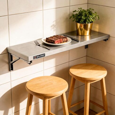 Wilprep Stainless Steel Shelf, 12"x 48" Folding Shelf Commercial Shelf for Kitchen Wall, 220lb Metal Foldable Storage Shelf with & Support Brackets for Restaurant Kitchen Laundry Room Garage in Kuwait